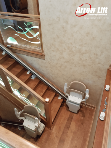 Top view of a split level staircase with 2 stair lifts - Arrow Lift 2020
