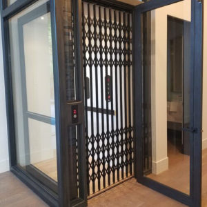 Modern black metal and glass home elevator with  exposed shaftway.