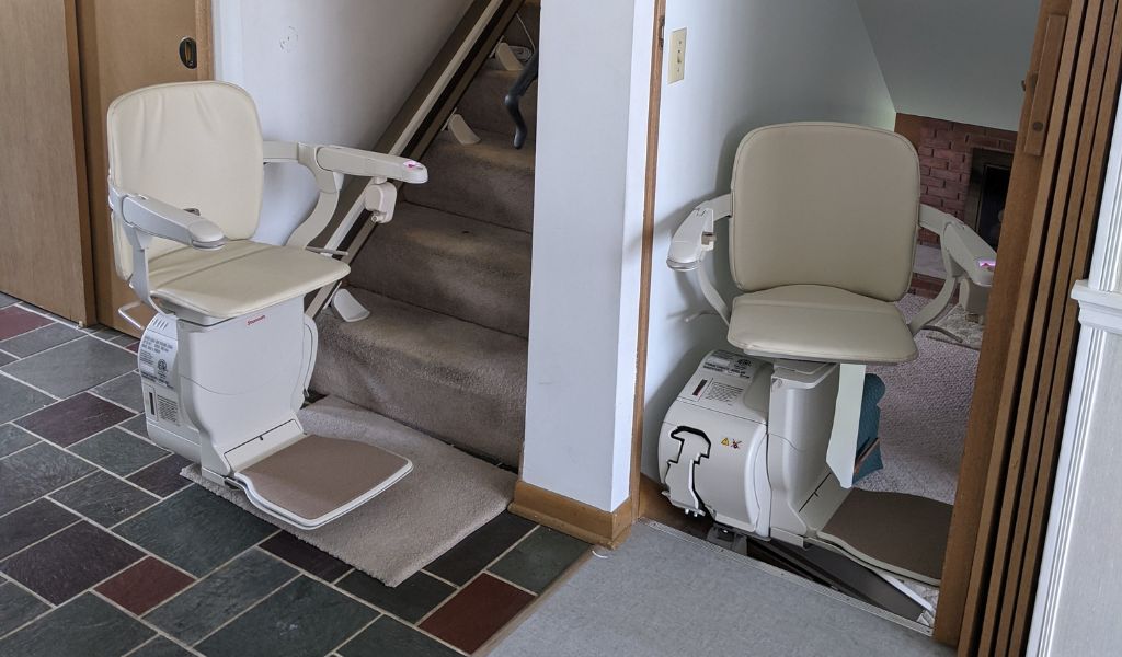 Example of 2 straight stair lifts in a split level home application. Installed by Arrow Lift. 