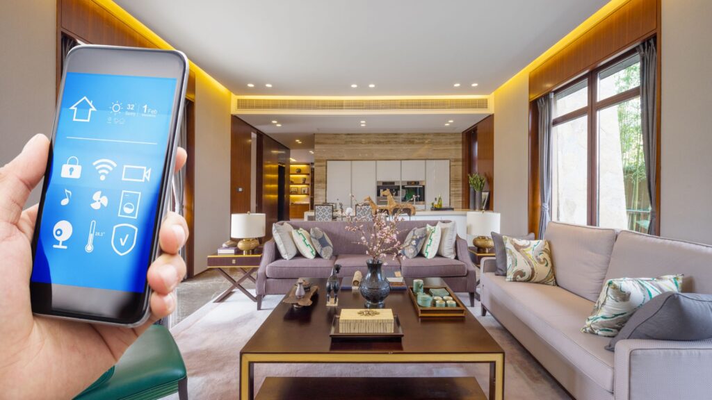 smartphone with apps shown to control home internet, locks, music, cameras and other features