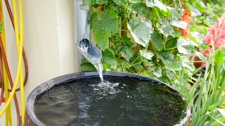 Picture of a rain barrel with water pouring in from a metal gutter.