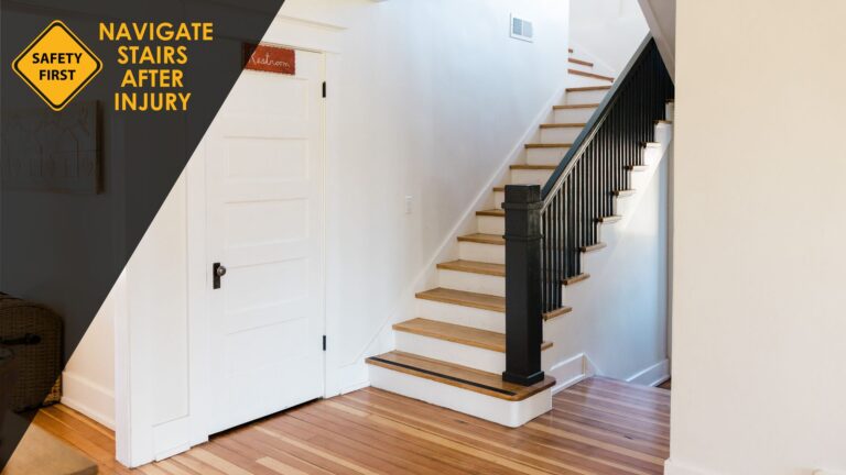 Photo of stairs with the caption "Safety First: Navigate Stairs After Injury"