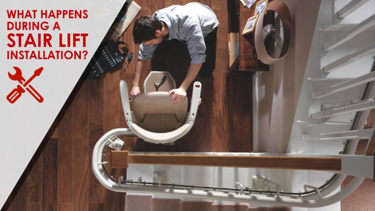 Technician working on the chair of a curved stair lift viewed from above with caption "what happens during a stair lift installation?"