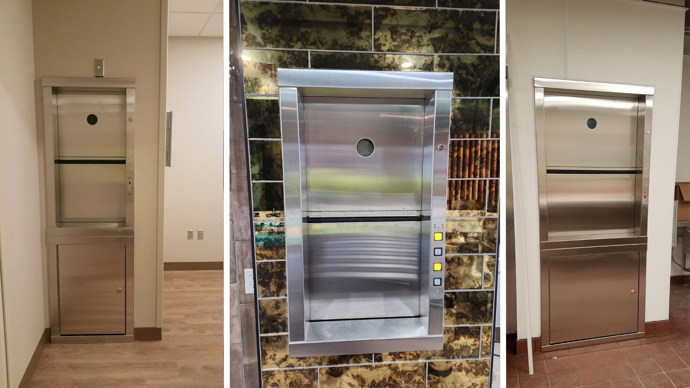 A collage of three images showing stainless steel dumbwaiters installed in different indoor settings. Each dumbwaiter has a compact, wall-mounted design with a sliding door, a small circular window, and control buttons.