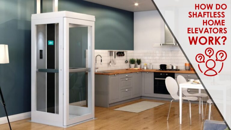 A modern shaftless home elevator is installed in an open-concept kitchen and living space.