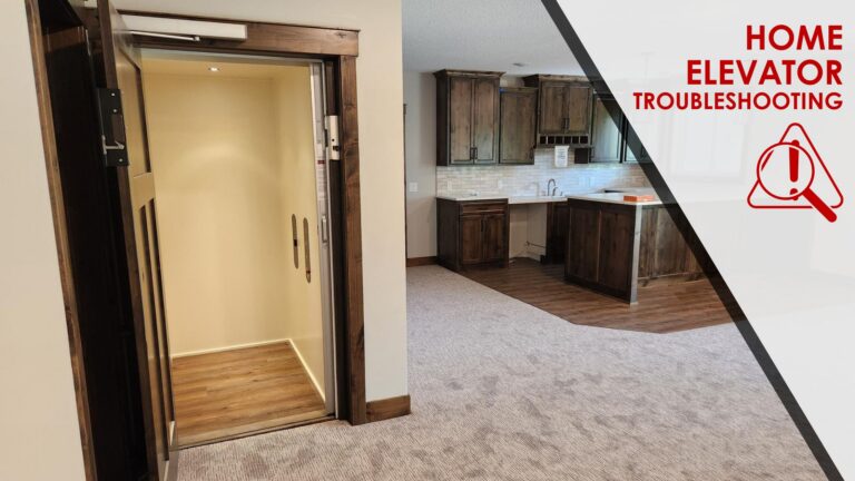 traditional home elevator with the door upon and overlay text reading 'Home Elevator Troubleshooting' with a caution icon.