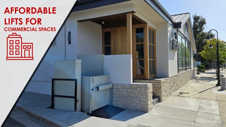 a vertical platform lift at the entrance of a restaurant