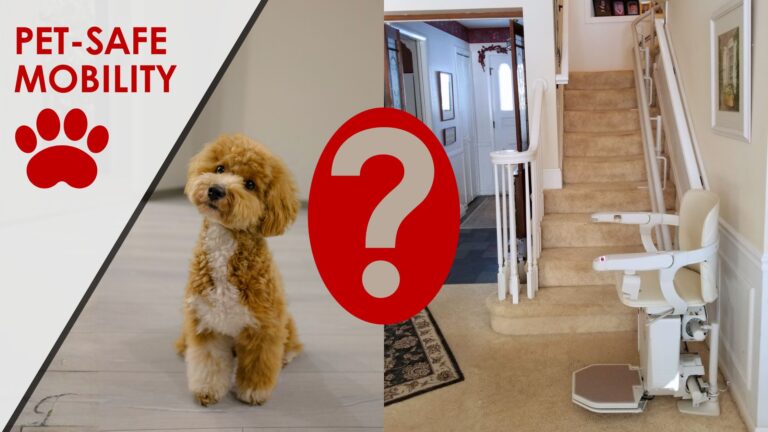 Pet-safe mobility; paw print icon; inquisitive looking puppy next to a stair lift with a question mark in between them