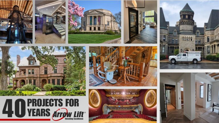 collage of projects Arrow Lift has worked on including a pneumatic vacuum elevator, a commercial wheelchair lift, a curved stair lift, home elevators, and iconic locations where we have installed equipment
