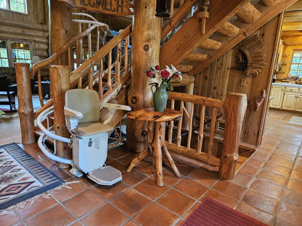 curved stair lift in a log cabin