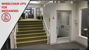 vertical platform lift that provides wheelchair access to a mezzanine in an office building