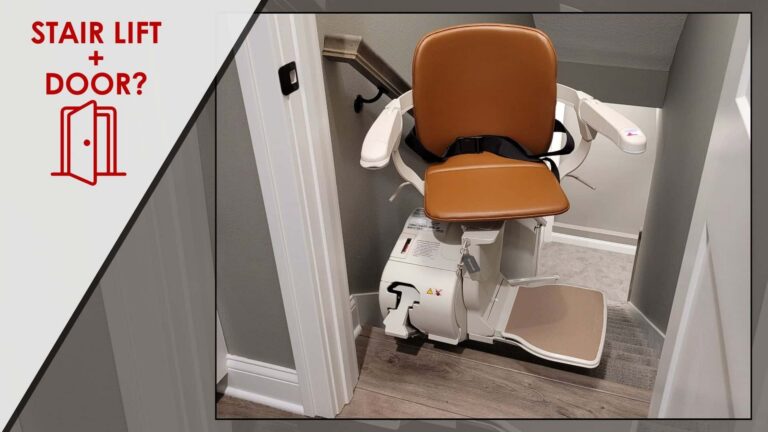Stair Lift + Door? Image of a stair lift with a brown faux leather seat positioned at the top of the stairs by a door frame