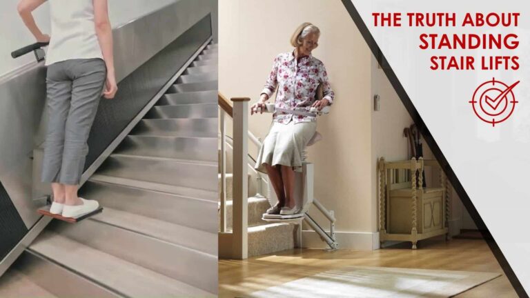Image of a potentially dangerous platform standing stair lift interposed with an image of a safe perch-style standing stair lift